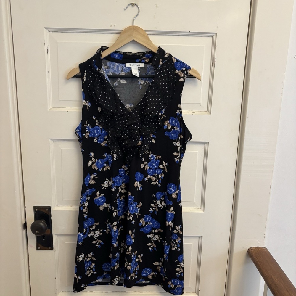 White House Black Market Black Blue Floral Polka Dot Ruffle Neck Mini Dress Sz L